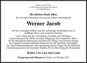 Traueranzeige von Werner Jacob von Südthüringer Presse