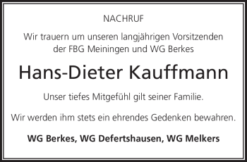 Traueranzeige von Hans-Dieter Kauffmann von Südthüringer Presse