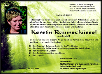 Traueranzeige von Kerstin Raumschüssel von Südthüringer Presse