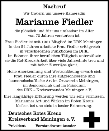 Traueranzeige von Marianne Fiedler von Südthüringer Presse