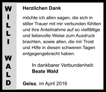 Traueranzeige von Willi Wald von Südthüringer Presse
