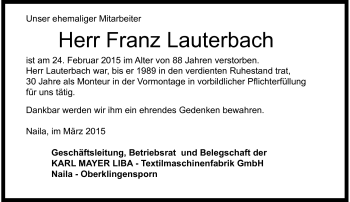 Traueranzeige von Franz Lauterbach von Frankenpost