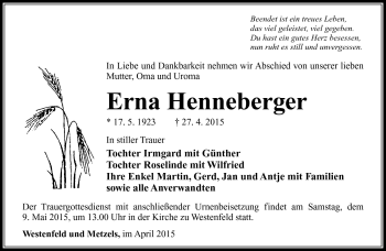 Traueranzeige von Erna Henneberger von Südthüringer Presse