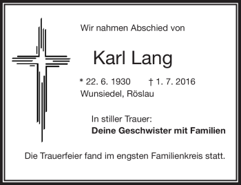 Traueranzeige von Karl Lang von Frankenpost