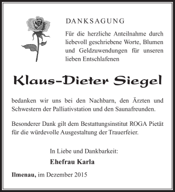 Traueranzeige von Klaus-Dieter Siegel von Südthüringer Presse