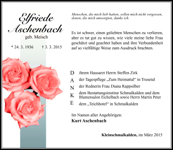 Traueranzeige von Elfriede Aschenbach von Südthüringer Presse