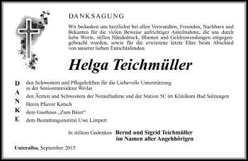 Traueranzeige von Helga Teichmüller von Südthüringer Presse