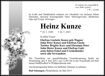 Traueranzeige von Heinz Kunze von Südthüringer Presse