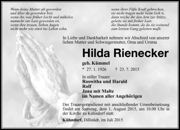 Traueranzeige von Hilda Rienecker von Südthüringer Presse