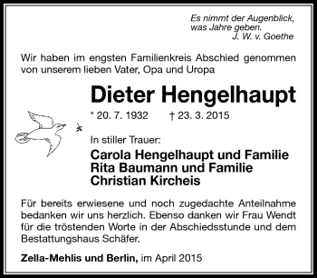 Traueranzeige von Dieter Hengelhaupt von Südthüringer Presse