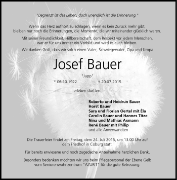 Traueranzeige von Josef Bauer von Neue Presse Coburg