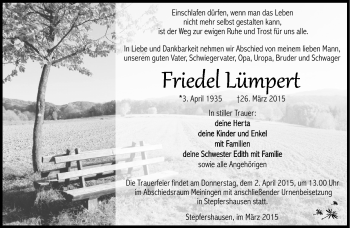 Traueranzeige von Friedel Lümpert von Südthüringer Presse