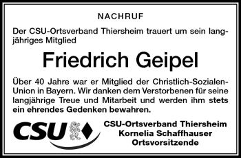 Traueranzeige von Friedrich Geipel von Frankenpost
