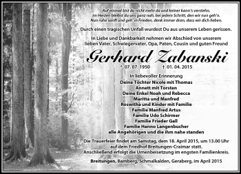 Traueranzeige von Gerhard Zabanski von Südthüringer Presse