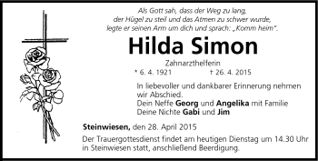 Traueranzeige von Hilda Simon von Neue Presse Coburg