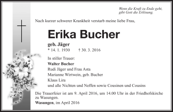 Traueranzeige von Erika Bucher von Südthüringer Presse