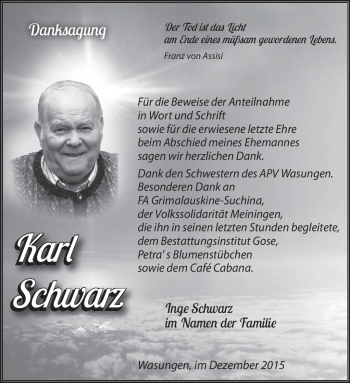 Traueranzeige von Karl Schwarz von Südthüringer Presse