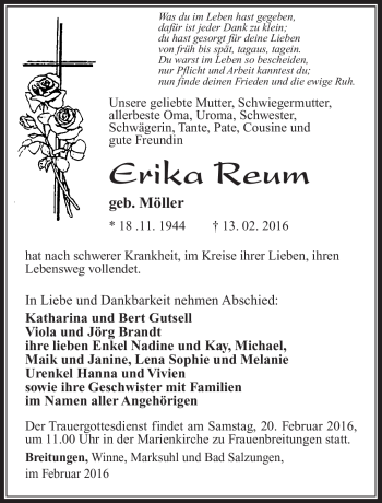 Traueranzeige von Erika Reum von Südthüringer Presse