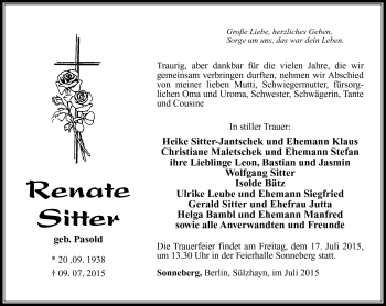 Traueranzeige von Renate Sitter von Südthüringer Presse
