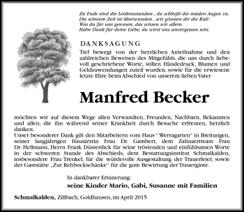 Traueranzeige von Manfred Becker von Südthüringer Presse
