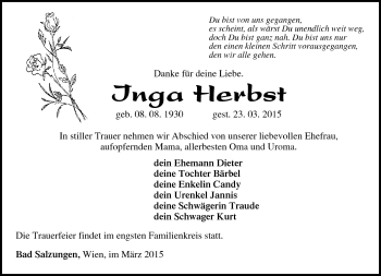 Traueranzeige von Inga Herbst von Südthüringer Presse