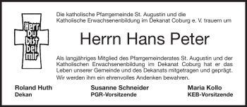 Traueranzeige von Hans Peter von Neue Presse Coburg