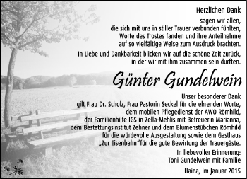 Traueranzeige von Günter Gundelwein von Südthüringer Presse