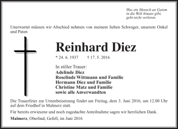 Traueranzeige von Reinhard Diez von Südthüringer Presse