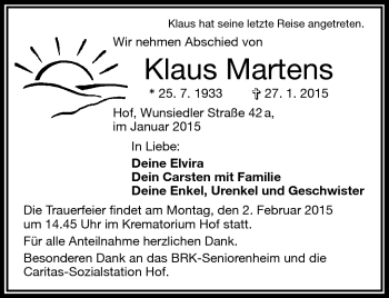 Traueranzeige von Klaus Martens von Frankenpost
