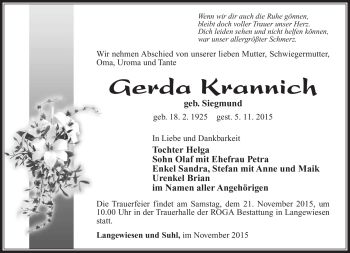 Traueranzeige von Gerda Krannich von Südthüringer Presse