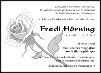 Traueranzeige von Fredi Hörning von Südthüringer Presse