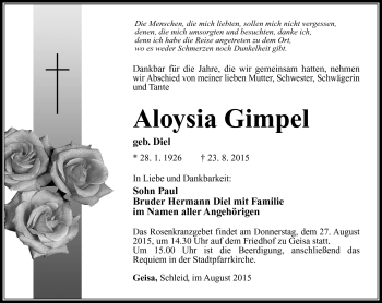 Traueranzeige von Aloysia Gimpel von Südthüringer Presse