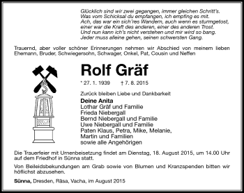 Traueranzeige von Rolf Gräf von Südthüringer Presse