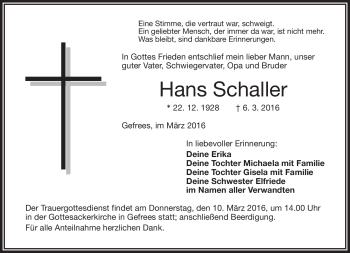 Traueranzeige von Hans Schaller von Frankenpost