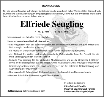 Traueranzeige von Elfriede Seugling von Südthüringer Presse