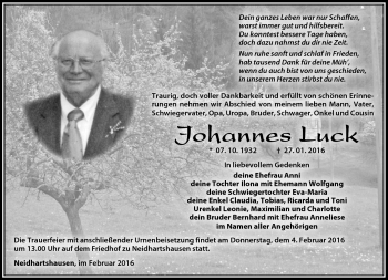 Traueranzeige von Johannes Luck von Südthüringer Presse