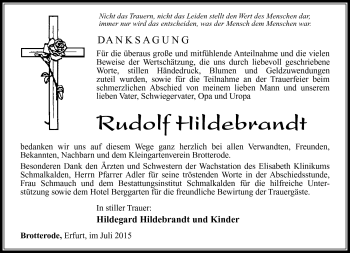 Traueranzeige von Rudolf Hildebrandt von Südthüringer Presse