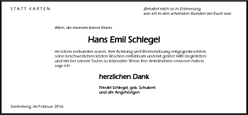 Traueranzeige von Hans Emil Schlegel von Südthüringer Presse