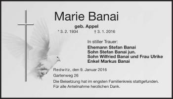 Traueranzeige von Marie Banai von Neue Presse Coburg