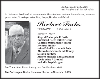 Traueranzeige von Herbert Fuchs von Südthüringer Presse