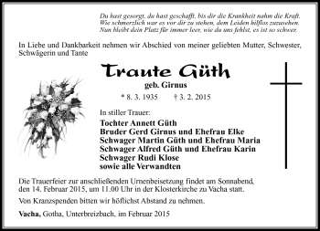 Traueranzeige von Traute Güth von Südthüringer Presse