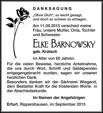 Traueranzeige von Elke Barnowsky von Südthüringer Presse