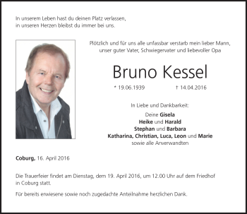 Traueranzeige von Bruno Kessel von Neue Presse Coburg