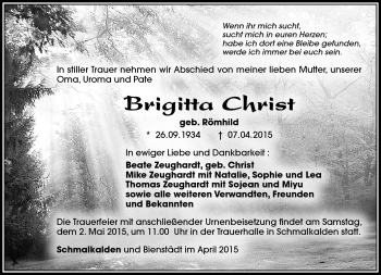 Traueranzeige von Brigitta Christ von Südthüringer Presse