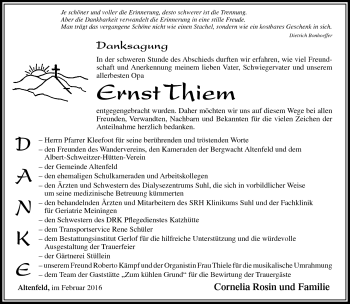 Traueranzeige von Ernst Thiem von Südthüringer Presse