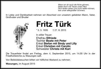 Traueranzeige von Fritz Türk von Südthüringer Presse