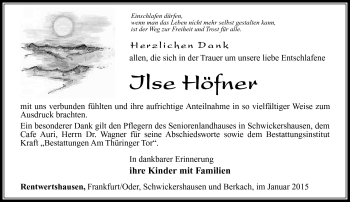 Traueranzeige von Ilse Höfner von Südthüringer Presse