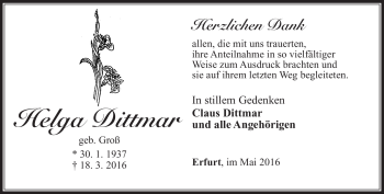 Traueranzeige von Helga Dittmar von Südthüringer Presse