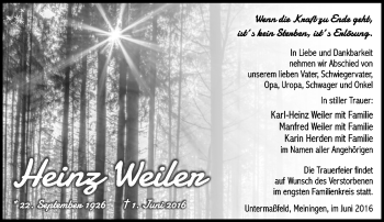 Traueranzeige von Heinz Weiler von Südthüringer Presse