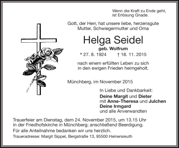 Traueranzeige von Helga Seidel von Frankenpost